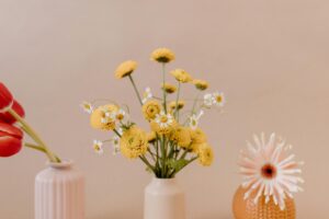 Aesthetic display of various flowers in vases against a beige background for decoration.